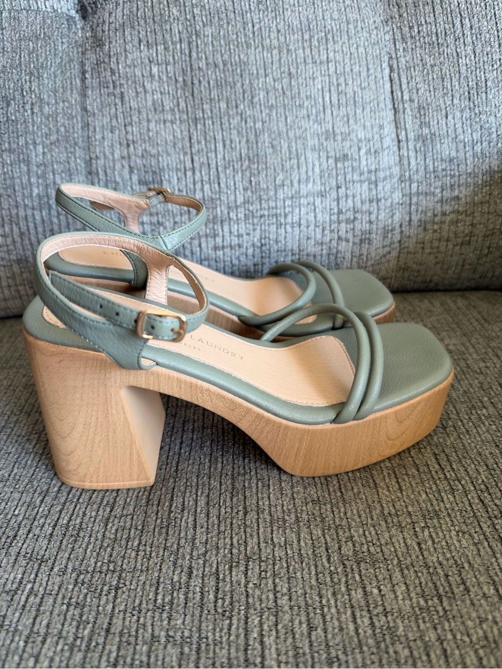 Sage Green Platform Sandal with Wooden Block Heel